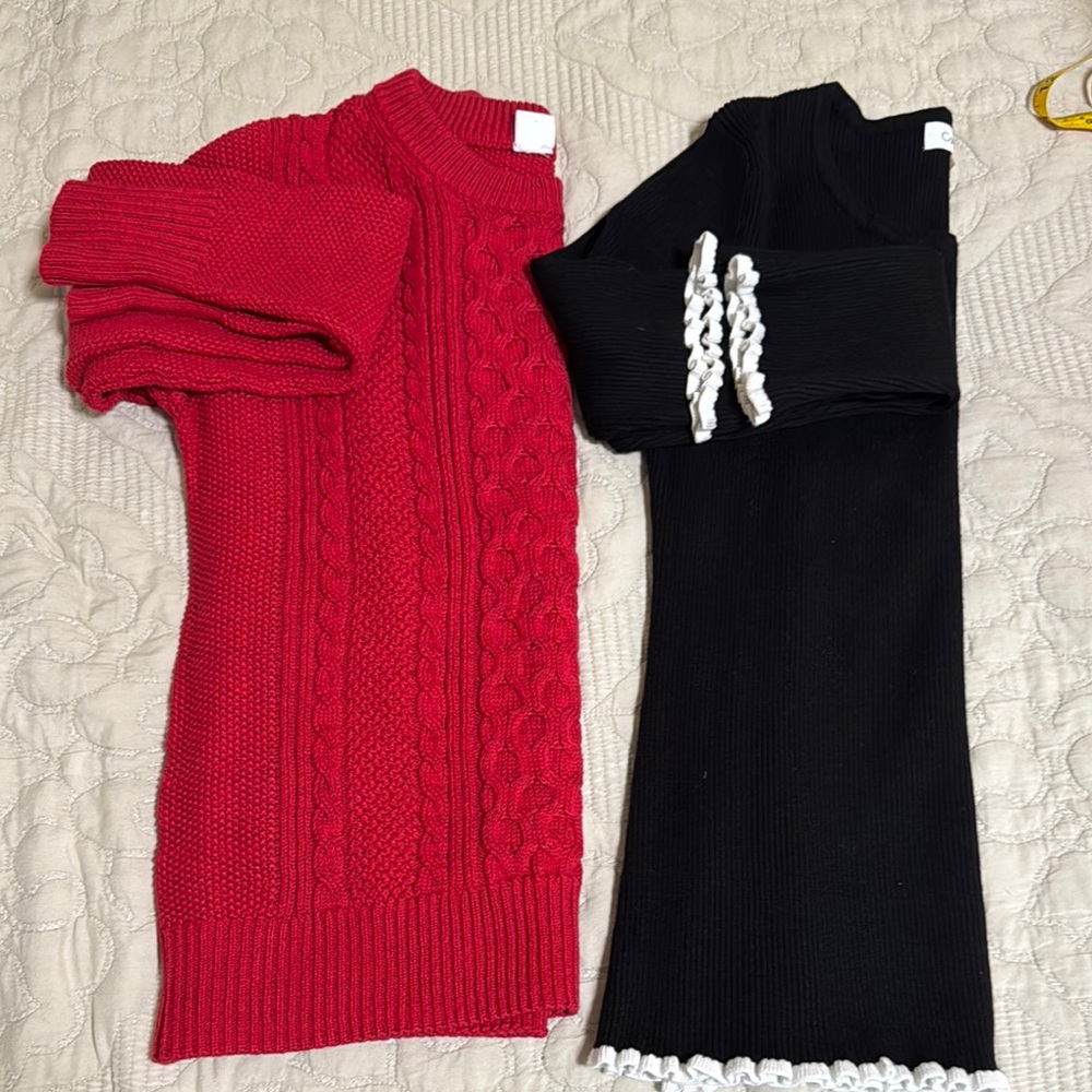 A Bundle of Red and Black Cable Knit Sweater Set